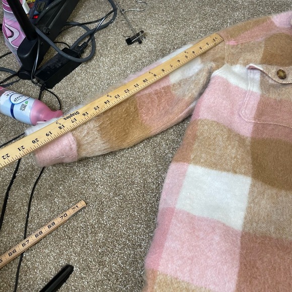 Old Navy Checkered Coat wool Shacket jacket plaid pink/brown pockets SZ L - Picture 7 of 11